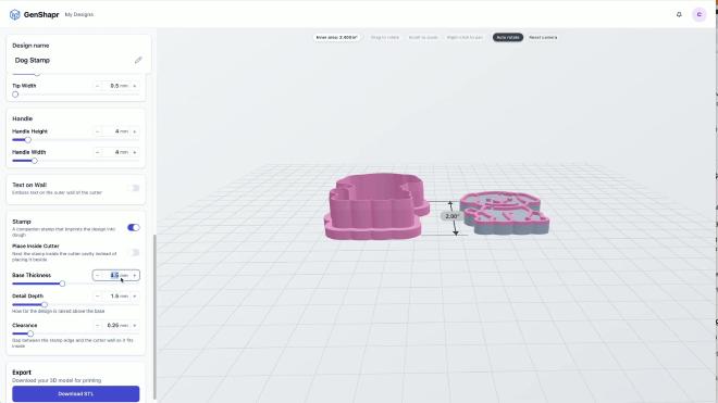 Side view of the cookie cutter and embossing stamp 3D models in GenShapr
