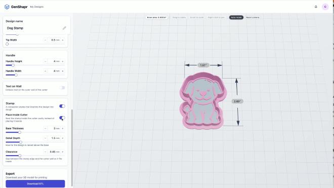 Embossing stamp nested inside the cookie cutter in GenShapr