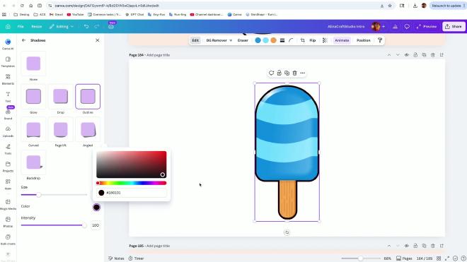 Canva shadow settings adding a black outline around an ice cream image