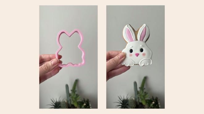 Custom bunny cookie cutter next to a decorated bunny cookie