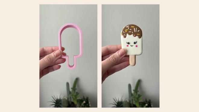 Custom popsicle cookie cutter next to a decorated popsicle cookie
