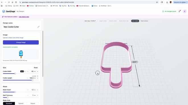 GenShapr cookie cutter model with size and blade settings
