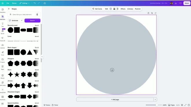 A gray circle placed on a 5 by 5 inch Canva canvas for a round party sticker