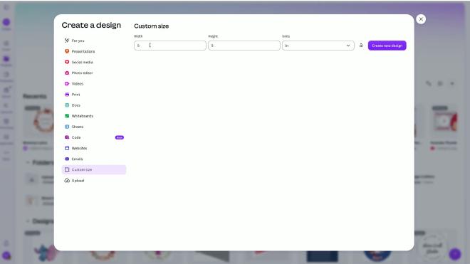 Canva Create a design window set to a custom size of 5 by 5 inches