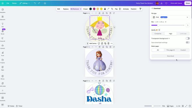 Canva download panel set to PNG for the party thank-you sticker designs