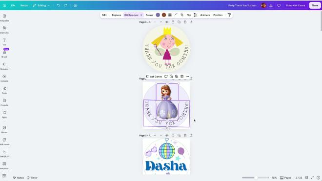 Canva file of party thank-you sticker designs, including a fairy, a princess, and a Dasha disco ball sticker
