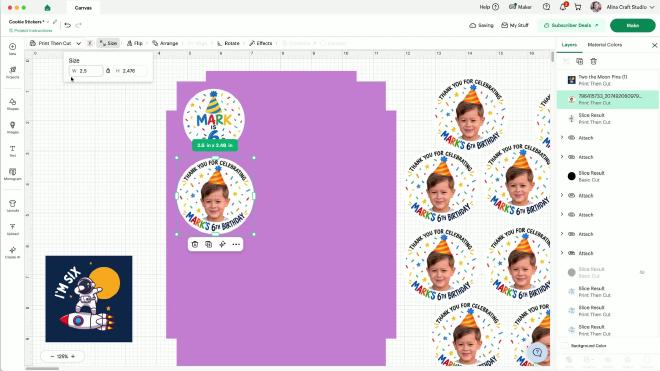 Cricut Design Space size panel set to 2.5 inches on a Mark birthday sticker