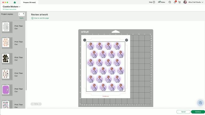 Cricut Print Then Cut preview with princess thank-you stickers on the mat