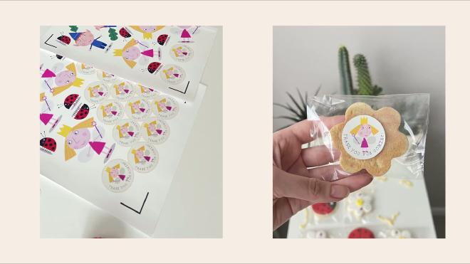 Fairy princess thank-you stickers printed on a sheet and stuck onto a flower-shaped cookie favor