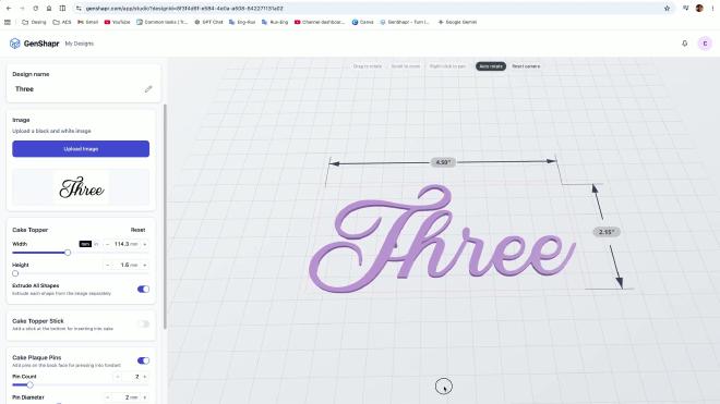 GenShapr model preview for a Three plaque cake topper with pins