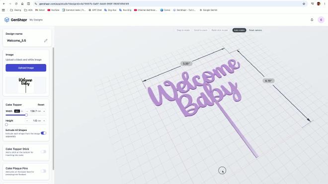 GenShapr model preview for a Welcome Baby cake topper