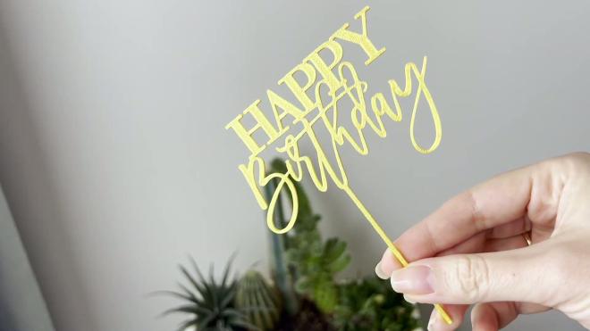 Finished gold 3D printed Happy Birthday cake topper