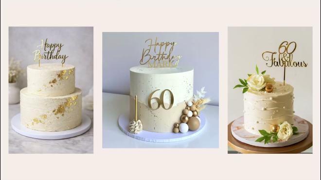Gold acrylic style cake topper inspiration examples on decorated cakes