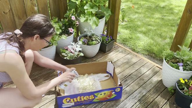 Spray painting a 3D printed cake topper outside on cardboard