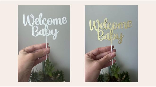 Before and after comparison of a white and gold Welcome Baby cake topper