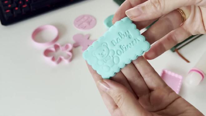 3D printed baby shower stamp cookie cutter with teddy bear and Baby Oliver text