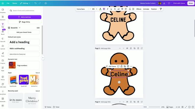 Adding the name Celine to a gingerbread man stamp cookie cutter in Canva