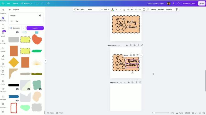 Adding Baby Oliver text to a baby shower stamp cookie cutter in Canva