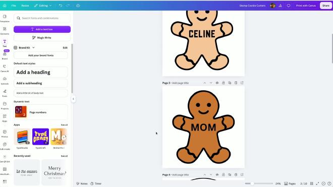 Finished personalized gingerbread stamp designs with the names Celine and Mom