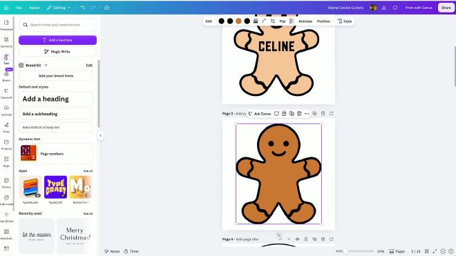 Canva Text tools open while editing a gingerbread stamp cookie cutter