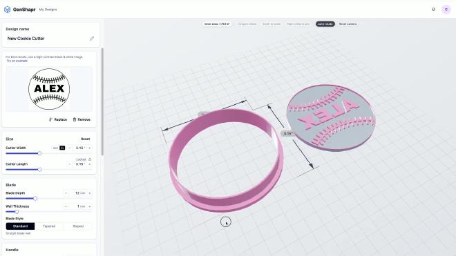GenShapr kids birthday baseball stamp cookie cutter 3D model with the name Alex